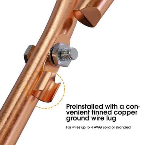 Close-up of copper rod with preinstalled tinned copper ground wire lug from Portable Grounding Rod With 4 Ft Flexible Copper Bonding Wire And Copper Clip