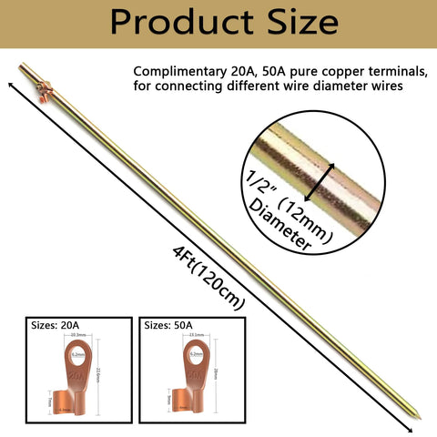 Product size diagram showing Three Piece Grounding Rod Kit Built Tough Four Feet Long And Half Inch Diameter High Carbon Steel Grounding Rods