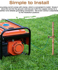 Installation of Three Pack Grounding Rod Kit with Copper Clamps for Generators, showing 4 ft copper rod and clamp setup in grassy area.