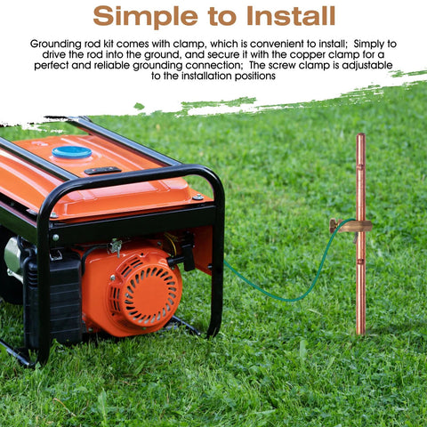 Installation of Three Pack Grounding Rod Kit with Copper Clamps for Generators, showing 4 ft copper rod and clamp setup in grassy area.