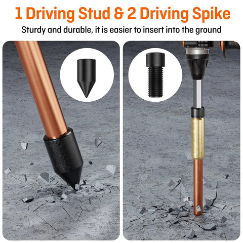 Eight Foot Grounding Rod Kit With Copper Clad Steel Rods And Grounding Clamps showing driving stud and spike insertion into ground.