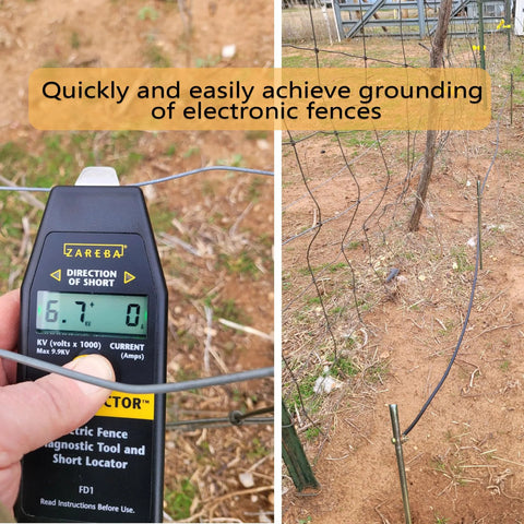 Three Piece Grounding Rod Kit Built Tough Four Feet Long And Half Inch Diameter High Carbon Steel Grounding Rods shown in use for electric fence grounding