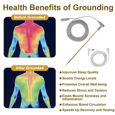 Health benefits of grounding with Copper Grounding Rod Kit with 40 foot grounding wire and alligator clip for portable earth connection.