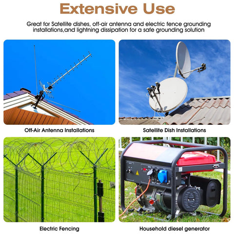 Off-air antenna, satellite dish, electric fence, and generator grounding with Three Pack Grounding Rod Kit With Copper Clamps, Four Feet Long, Three Eighths Inch Ground Rods For Electric Fences, Satellite Dishes, Generators, Grounding And Bonding, Heavy Duty Set With Anti Slip Clamps
