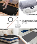Copper Grounding Rod Kit With 40ft Female Ground Cord And Alligator Clip connected to grounding mat, blanket, mattress, and sheet.
