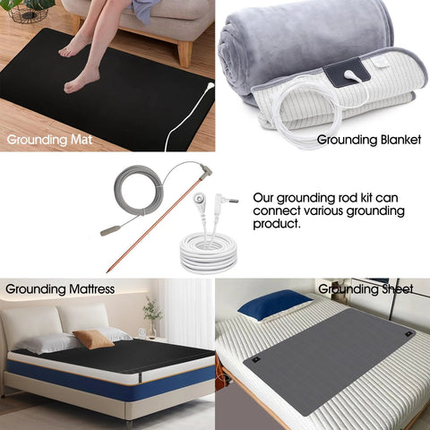 Copper Grounding Rod Kit With 40ft Female Ground Cord And Alligator Clip connected to grounding mat, blanket, mattress, and sheet.