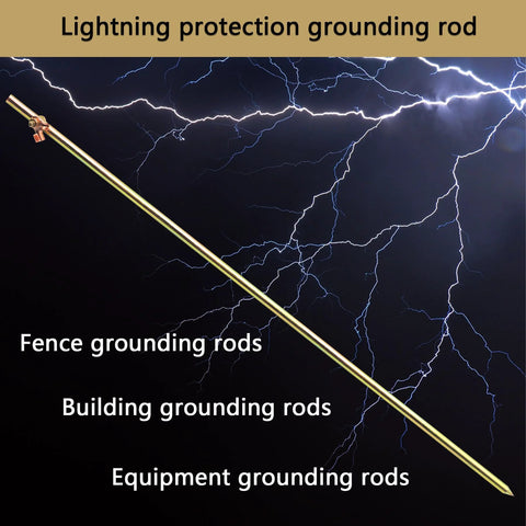 Lightning protection rod for grounding electric fences and equipment, displayed against a lightning backdrop