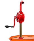 Groz 44052 Rotary Barrel Pump, 1" Inlet with 3-piece Threaded Suction Tube shown on an orange drum.