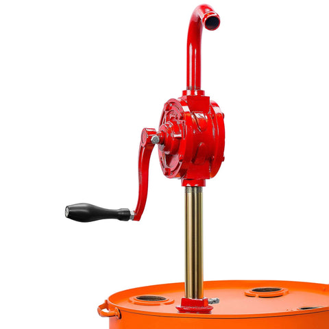Groz 44052 Rotary Barrel Pump, 1" Inlet with 3-piece Threaded Suction Tube shown on an orange drum.