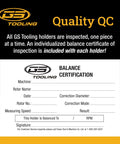 Balance certification for GS Tooling with quality inspection details and company contact information.