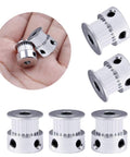 GT2 20-Tooth Aluminum Timing Pulley With 5mm Bore For 6mm Belt Width, shown as a set of five pulleys, precision machined aluminum gear