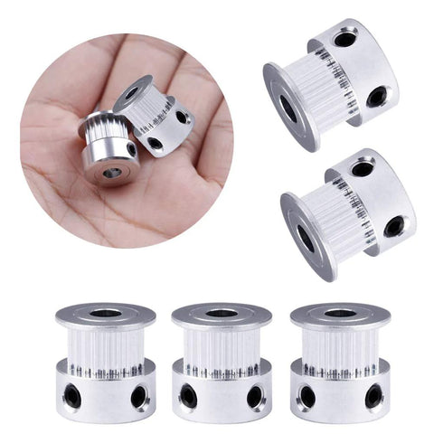 GT2 20-Tooth Aluminum Timing Pulley With 5mm Bore For 6mm Belt Width, shown as a set of five pulleys, precision machined aluminum gear