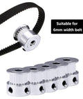 GT2 20-Tooth Aluminum Timing Pulley With 5mm Bore For 6mm Belt Width shown with five pulleys and belt, ideal for 3D printers.