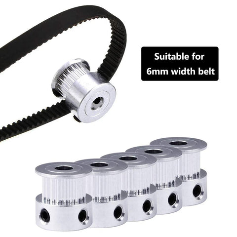 GT2 20-Tooth Aluminum Timing Pulley With 5mm Bore For 6mm Belt Width shown with five pulleys and belt, ideal for 3D printers.