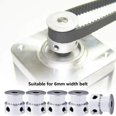 GT2 20-Tooth Aluminum Timing Pulley With 5mm Bore For 6mm Belt Width, shown installed on motor for RepRap Prusa i3 3D Printers