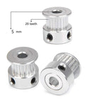 GT2 20 Tooth Aluminum Timing Belt Pulley With 5mm Bore For 6mm Wide Belts Includes Screws High Precision Machined For 3D Printers CNC Milling Machines And Gear Forming Equipment 10 Pack image showing three pulleys and size specification.