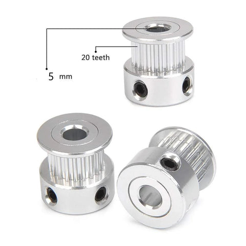 GT2 20 Tooth Aluminum Timing Belt Pulley With 5mm Bore For 6mm Wide Belts Includes Screws High Precision Machined For 3D Printers CNC Milling Machines And Gear Forming Equipment 10 Pack image showing three pulleys and size specification.