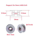 Diagram of GT2 Idler Pulley 20 Teeth Bore 5mm Width 6mm for 3D Printer showing dimensions and aluminum build.