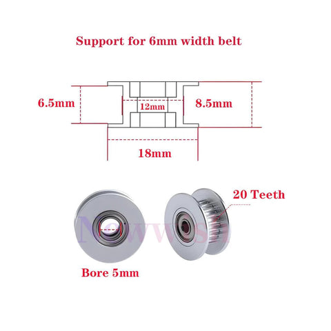 Diagram of GT2 Idler Pulley 20 Teeth Bore 5mm Width 6mm for 3D Printer showing dimensions and aluminum build.