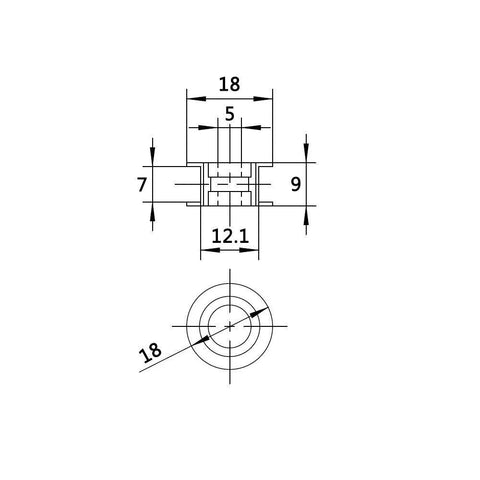 Technical diagram of GT2 Idler Pulley 20 Tooth 5mm Bore for 6mm Width Timing Belt, aluminum, with measurements for precise installation.