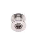 Close-up of GT2 Idler Pulley Toothless 5mm Bore for 10mm Timing Belt, showing aluminum construction and bearing detail.