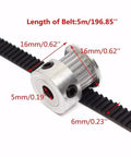 GT2 Timing Belt Pulley Kit With Eight Pulleys, 5mm Bore And 20 Teeth shown with 5m GT2 belt, measurements in millimeters, side view