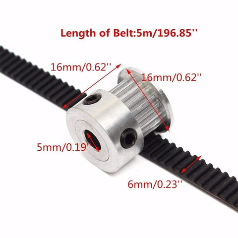 GT2 Timing Belt Pulley Kit With Eight Pulleys, 5mm Bore And 20 Teeth shown with 5m GT2 belt, measurements in millimeters, side view