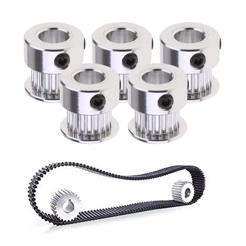 GT2 Timing Belt Pulley 20 Teeth 8mm Bore Aluminum Synchronous Wheel for 3D Printers, set of 5 with timing belt.