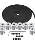 GT2 Timing Belt Pulley Kit with eight pulleys, 5mm bore, and 20 teeth, includes 5 meters GT2 timing belt, Allen wrench shown
