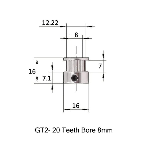 Technical diagram of GT2 Timing Belt Pulley 20 Teeth 8mm Bore Aluminum Synchronous Wheel for 3D Printers