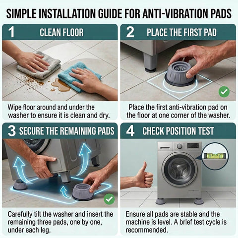 Installation guide for Heavy Duty Anti Vibration Pads for Washing Machines, showing steps to place riser feet pads