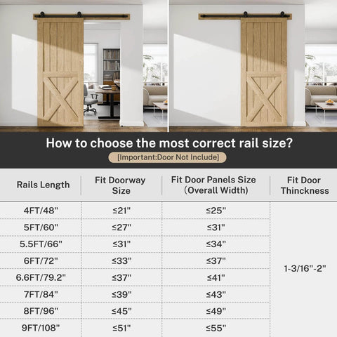 Comparison of wooden barn doors with 80" Sliding Barn Door Hardware Kit, showing rail sizes and fit for door panels, door not included.
