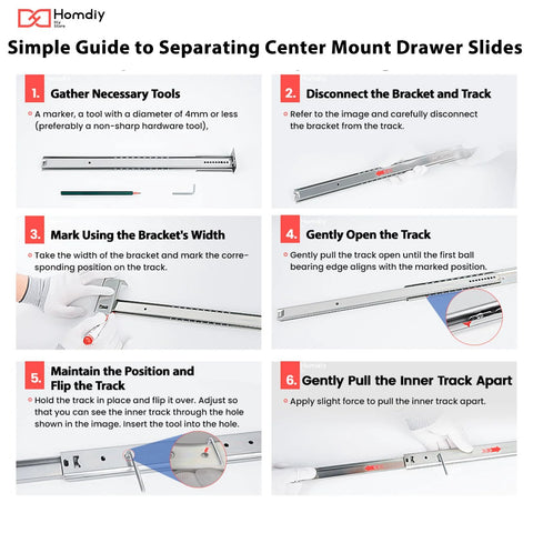 Instruction guide for separating center mount drawer slides with step-by-step images and tools layout.