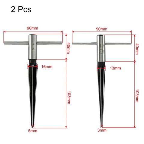 Two-piece Guitar Bridge Pin Hole Reamer Set With T-Handle, 2-Piece HSS Tapered Reamers For Precise Woodworking, dimensions labeled