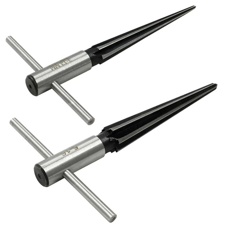 Two pieces of Guitar Bridge Pin Hole Reamer Set With T-Handle, 2-Piece HSS Tapered Reamers For Precise Woodworking displayed side by side.