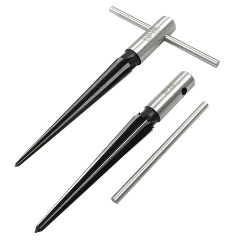 Guitar Bridge Pin Hole Reamer Set With T-Handle, 2-Piece HSS Tapered Reamers For Precise Woodworking showing metal reamers.