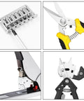 Various handheld tools and a mechanical component for DIY projects and repairs, including a trimmer, snips, and a stapler.