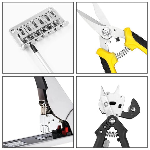 Various handheld tools and a mechanical component for DIY projects and repairs, including a trimmer, snips, and a stapler.