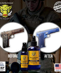 Premium Gun Cleaner And Lubricant CLP Spray For Metal Surfaces With Deep Cleaning Power shown in before and after use on a handgun