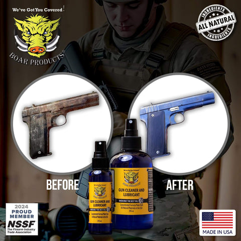 Premium Gun Cleaner And Lubricant CLP Spray For Metal Surfaces With Deep Cleaning Power shown in before and after use on a handgun