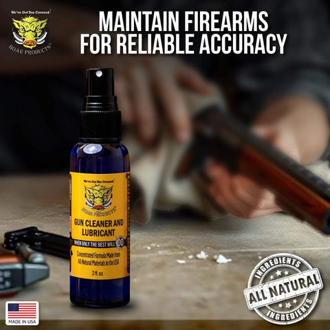 Premium Gun Cleaner And Lubricant CLP Spray for metal surfaces with deep cleaning power by Boar Products, bottle on table