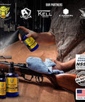 Man cleaning rifle with Premium Gun Cleaner And Lubricant CLP Spray For Metal Surfaces; bottles in foreground by Boar Products