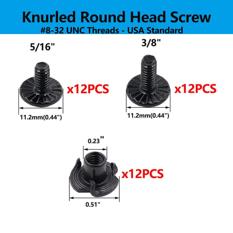 12 Sets Black Gun Holster Screws and Anti-Slip 3 Prong T Nuts Kit for Safariland QLS System 8-32 UNC X 5/16 and 3/8, shown with measurements