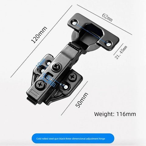 2pcs 105 Degree Soft Close Hinges, Fully Covered Frameless Cabinet Hinge, 3D Adjustable European Style, Gun Color, dimensions labeled.