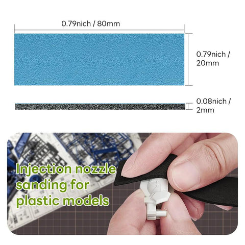 Close-up of Gundam Model Sanding Sponge Kit 400 To 1200 Grit Wet Dry Reusable 30 Sheets used on plastic model showing dimensions.