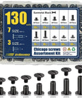 130 Sets Gunmetal Black Chicago Screws Leather Rivets Kit, 7 Sizes & 3 Lengths displayed in open case showing arrangement of screws