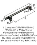 Gunmetal Transitional Cabinet Pull Davenport Style Six And Five Sixteenths Inches Center To Center 160 Mm dimensions diagram