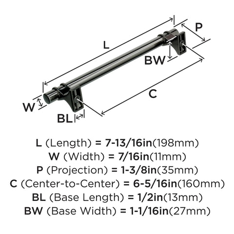 Gunmetal Transitional Cabinet Pull Davenport Style Six And Five Sixteenths Inches Center To Center 160 Mm dimensions diagram