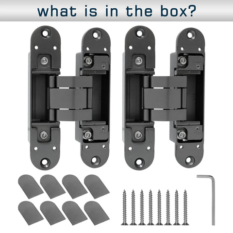 Hidden Door Hinge Set Gunmetal Grey 180 Degree Adjustable Concealed and Invisible Hinge 2PCS with screws and covers