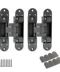 Hidden Door Hinge Set Gunmetal Grey 180 Degree Adjustable Concealed and Invisible Hinge 2PCS with screws and covers included